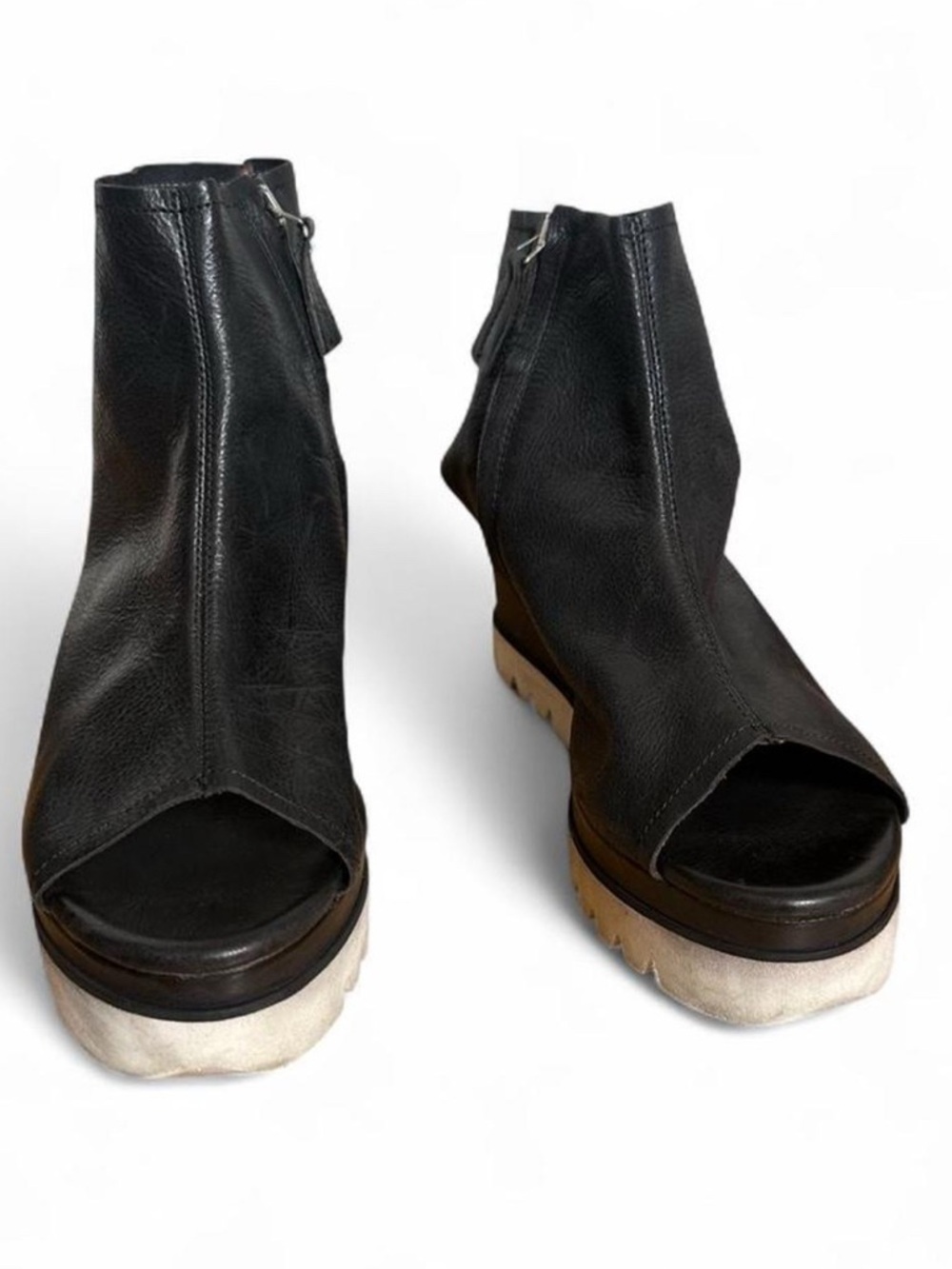 💜 Hangar9 Black Platform Open Toe Leather Sandal Ankle Boots (38) - Picture 3 of 7